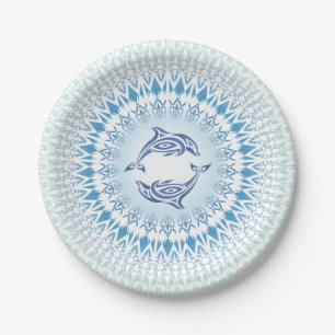 Plato De Papel Delfines Mandala Azul Blanco Náutico