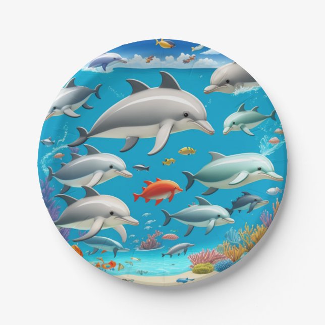Plato De Papel Delfines océano caricatura (Anverso)