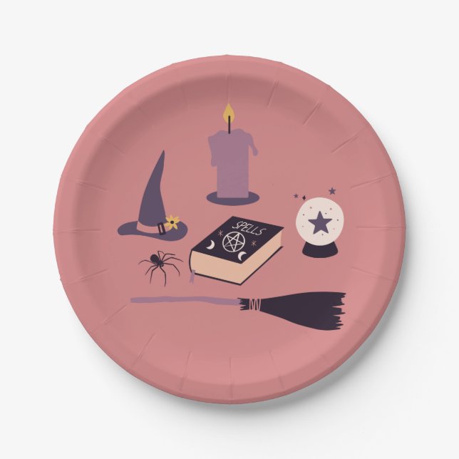 Plato De Papel Delgado de papel con temática de bruja rosa y mela (Anverso)