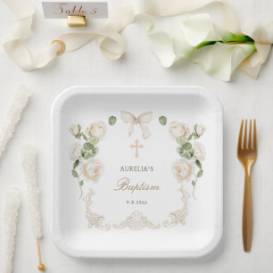 Plato De Papel Delicadas Rosas de Marfil Marco Bautizo
