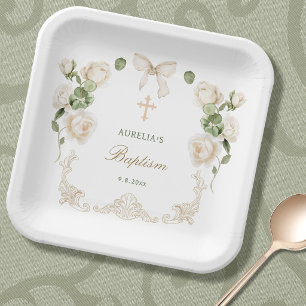 Plato De Papel Delicadas Rosas de Marfil Marco Bautizo