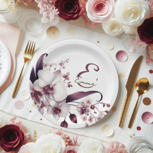 Plato De Papel Delicado Personalizable de orquídeas blancas y mag