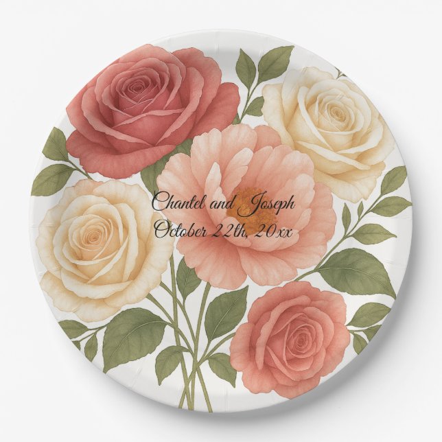 Plato De Papel Delicado Rosa Peony Boda personalizado (Anverso)