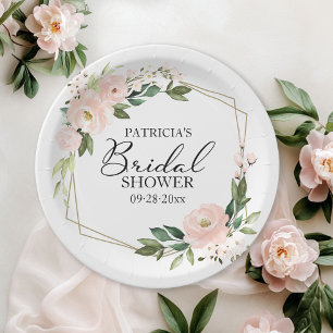 Plato De Papel Delicado Rubor Rosa Floral Geométrico Bridal Showe