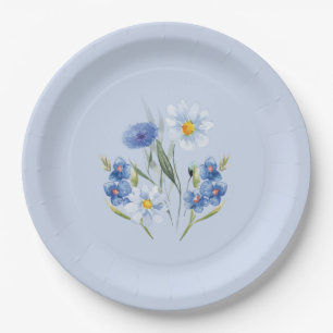 Plato De Papel Delicados Florals azul simple Boda Aniversario