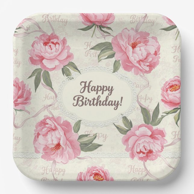 Plato De Papel Delicados peonies Shabby Chic, por Natasha Us (Anverso)