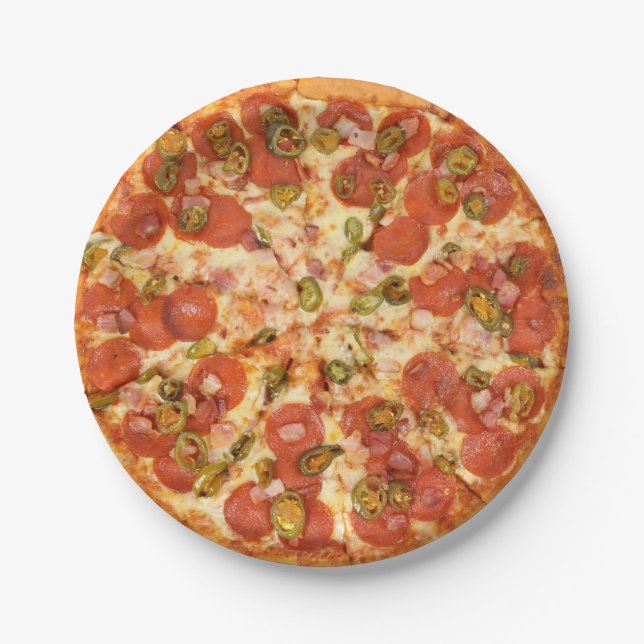 Plato De Papel deliciosa pizza entera pepperoni jalapeno foto (Anverso)