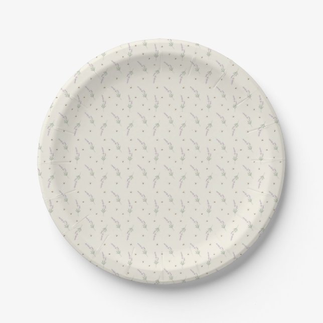 Plato De Papel Delineado Botánico de Lavanda Delicada y Abeja (Anverso)