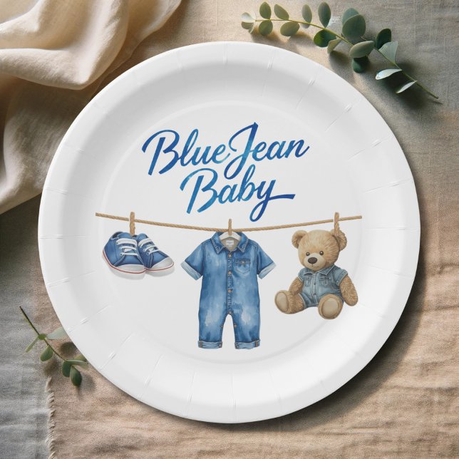Plato De Papel Denim Bear Clothesline Boy Blue Jean Baby Shower (Subido por el creador)