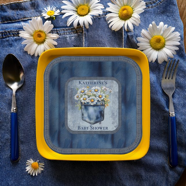Plato De Papel Denim Blue Jean | Daisies Floral Baby Shower (Blue Jean Pocket Denim and Daisies Baby Shower Square Paper Plates)