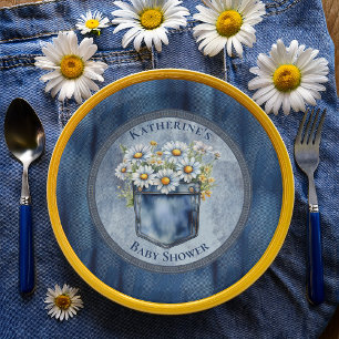 Plato De Papel Denim Blue Jean Daisies Floral Baby Shower