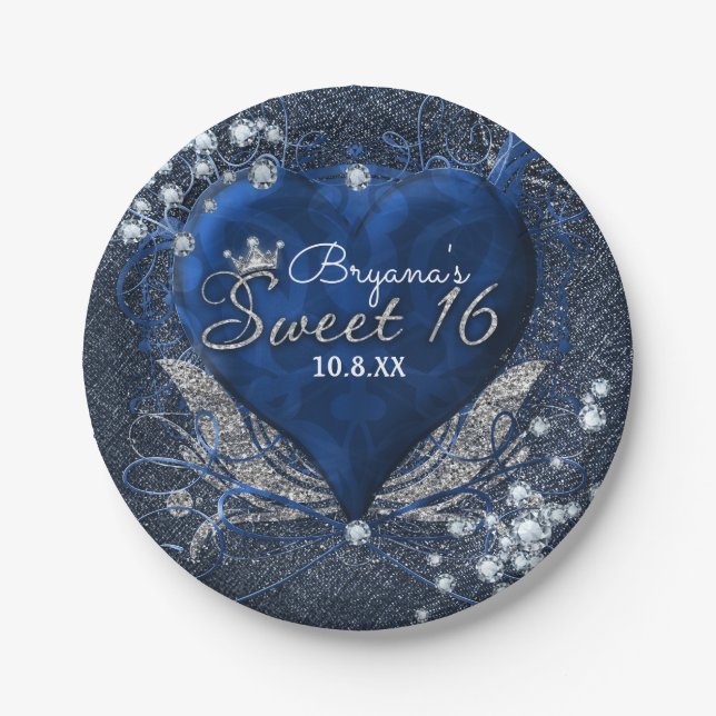 Plato De Papel Denim & Diamonds Blue Heart Sweet 16 Fiesta (Anverso)