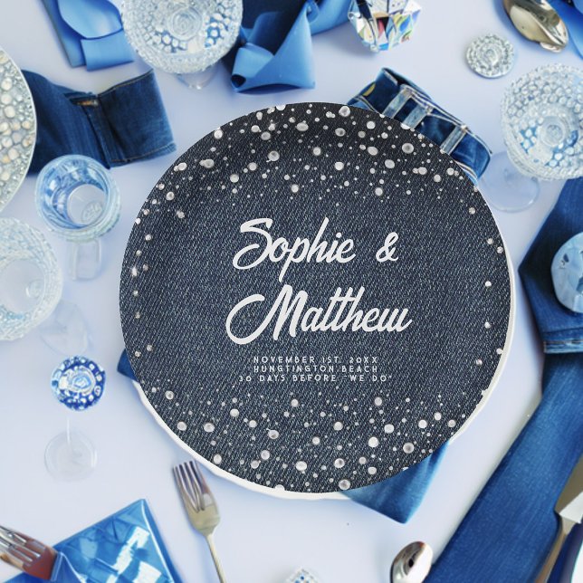 Plato De Papel Denim Diamonds Pearls Blue Couple Wedder Shower (denim and pearls couple wedding shower custom paper plate blue jeans white rustic western country )