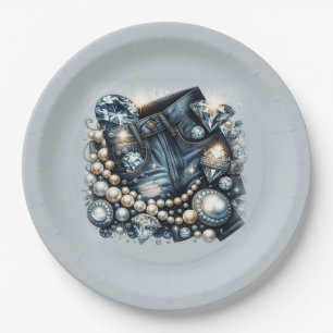 Plato De Papel Denim Diamonds & Pearls Jeans Bling Fiesta de Cump