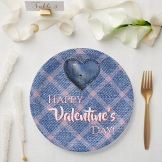 Plato De Papel Denim Heart Valentine's Day Party Plaid 