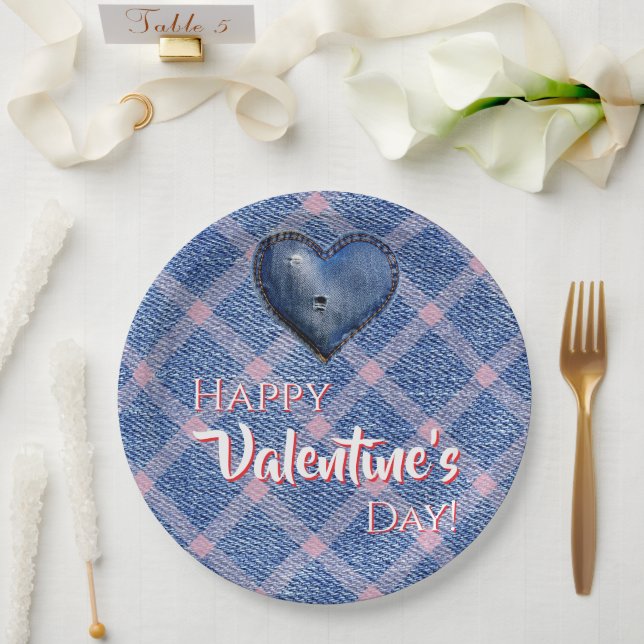 Plato De Papel Denim Heart Valentine's Day Party Plaid  (Boda)
