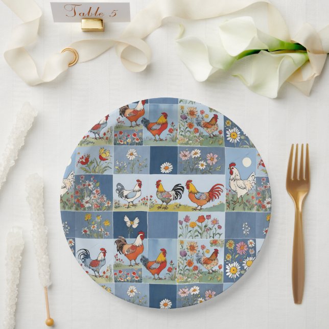 Plato De Papel Denim Patchwork Con Pollos Y Flores Silvestres (Boda)