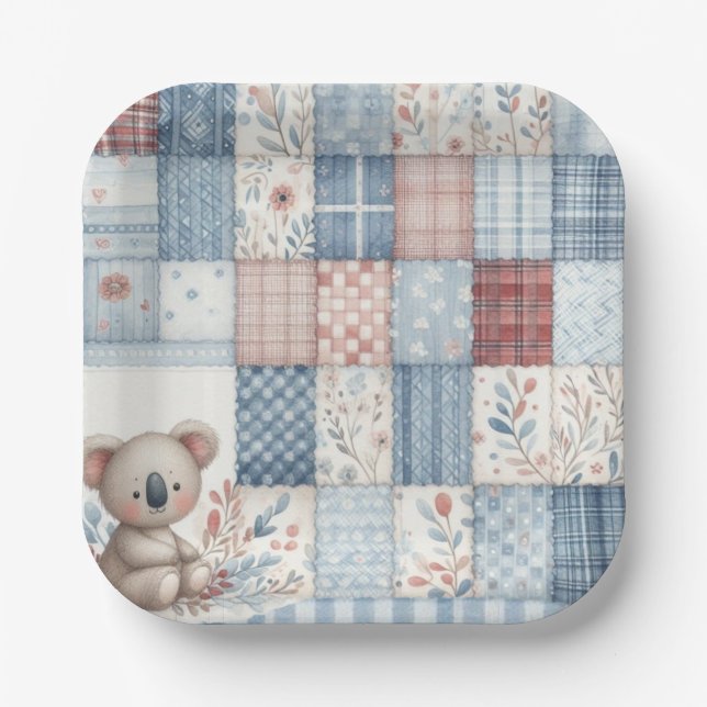 Plato De Papel Denim Patchwork Koala - Square Paper Plate (Anverso)