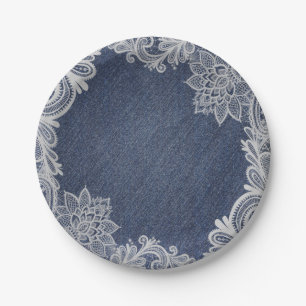 Plato De Papel Denim y Blanco Encaje Floral Elegante Boda Vintage