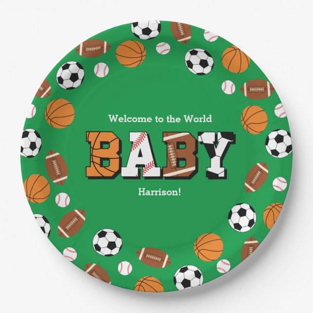 Plato De Papel Deportes Baby Shower Co-ed Green Gender Neutral (Anverso)