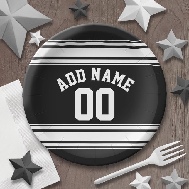 Plato De Papel Deportes Jersey Número de nombres de franjas blanc (Personalized party plates - sports theme for birthday or any occasion)