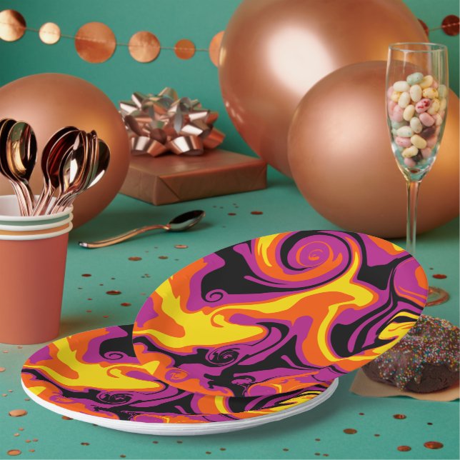 Plato De Papel Derrame - Naranja, negro, rosa y amarillo (Multi)