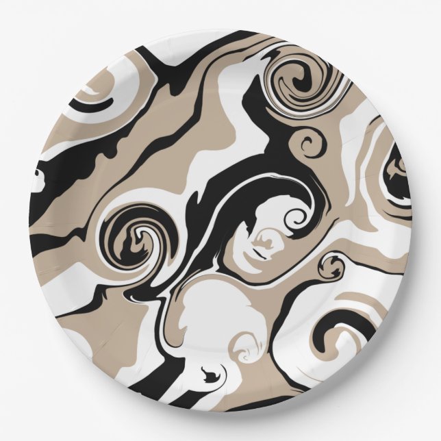 Plato De Papel Derrame - Taupe, negro y blanco (Anverso)