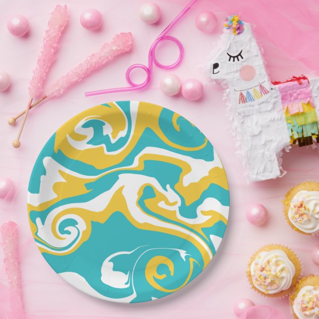 Plato De Papel Derrame - Turquesa y Amarillo (Fiesta)