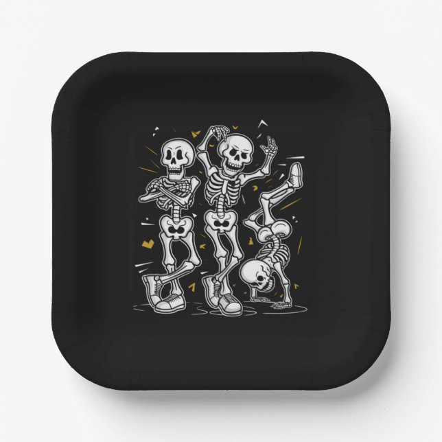 Plato De Papel Desafío de Baile de Esqueletos Bailarines Hallowee (Anverso)
