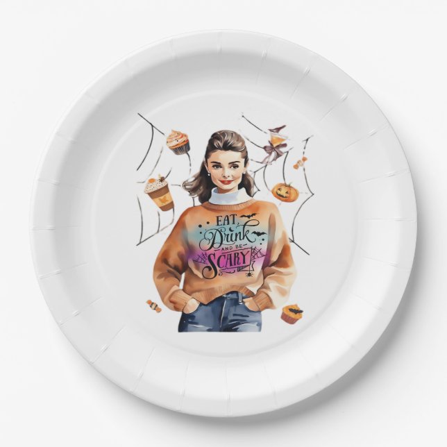 Plato De Papel Desayuno en la bebida de Halloween y tener miedo (Anverso)