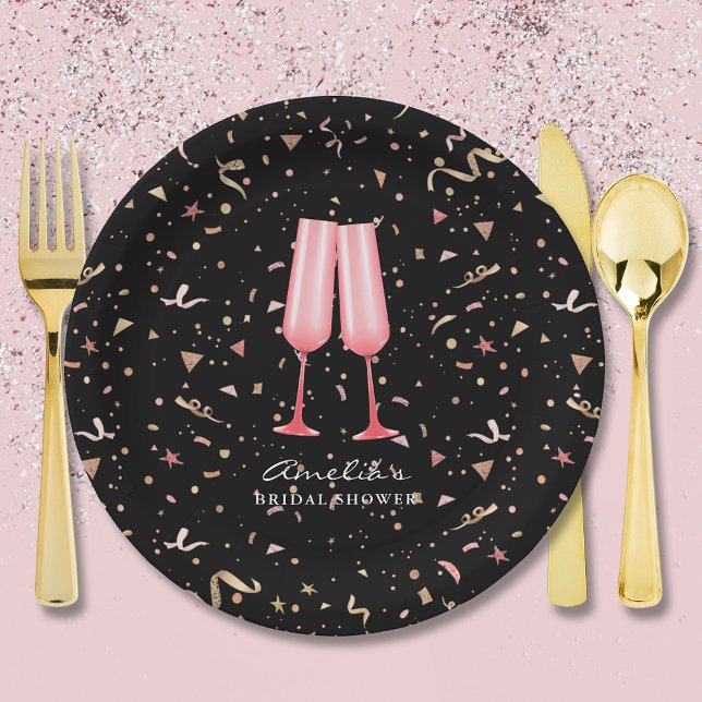 Plato De Papel Desayuno nupcial y brindis con champán Negro (Brunch and bubbly pink champagne glasses bridal shower black paper plates)