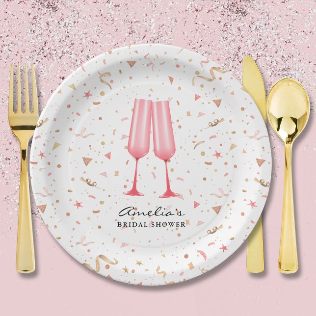 Plato De Papel Desayuno rosa y brindis para despedida de soltera (Pink champagne glasses brunch and bubbly bridal shower paper plates)