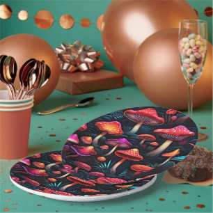 Plato De Papel Descubre la magia en tu mesa de hongos neones rojo