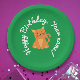 Plato De Papel Deseo de Cumpleaños Adorable Con Gatito Naranja So