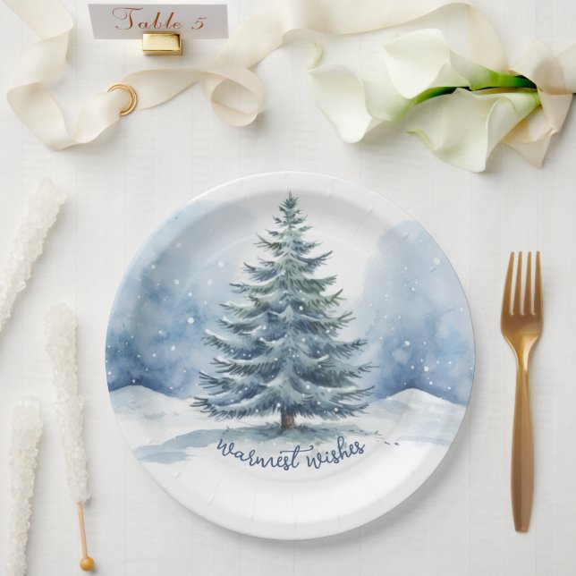 Plato De Papel Deseos más cálidos Árbol Evergreen cubierto de nie (Boda)