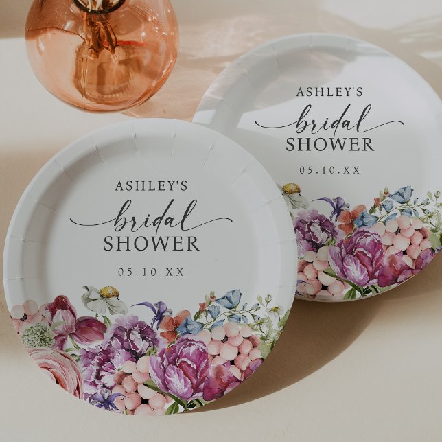 Plato De Papel Desfile de Novia Floral Colorido (Colorful Jewel Toned Floral Bridal Shower Paper Plates by Painted Paperie)