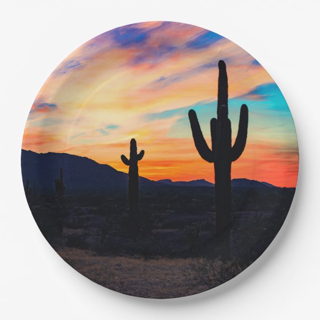 Plato De Papel Desierto del cactus del atardecer (Anverso)