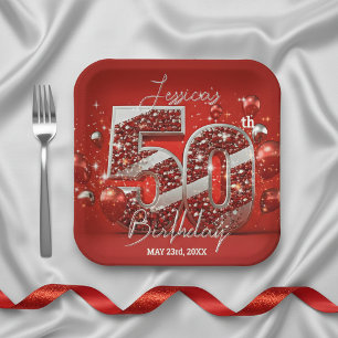 Plato De Papel Deslumbrante rojo y plateado Purpurinoso 50 cumple