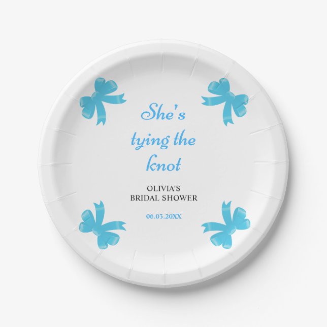 Plato De Papel Despedida de soltera Blue Bow She's Tying The Knot (Anverso)