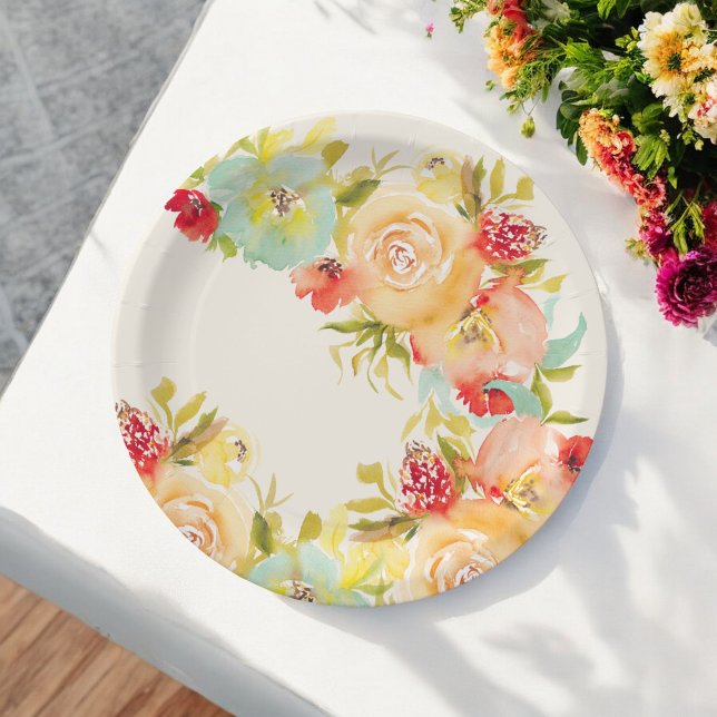 Plato De Papel Despedida de soltera boho rústica bonita floral ac (Boho rustic pretty floral watercolor bridal shower paper plates)