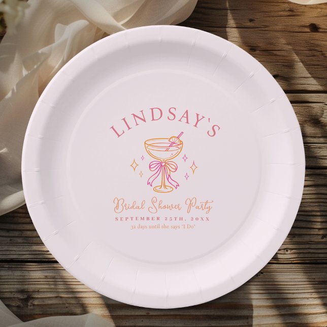 Plato De Papel Despedida de Soltera Cóctel Rosa (Coctail Bridal Shower Paper Plates)