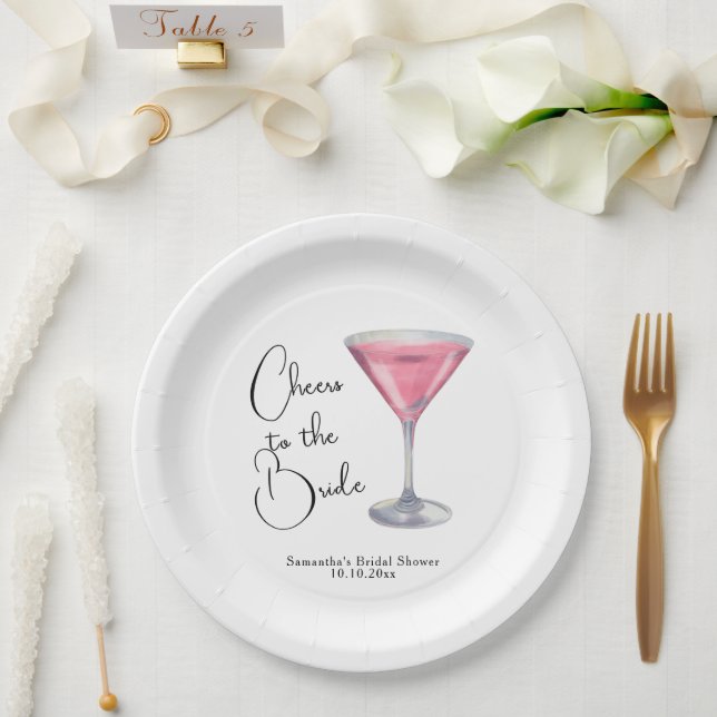 Plato De Papel Despedida de soltera cóctel rosa acuarela (Boda)