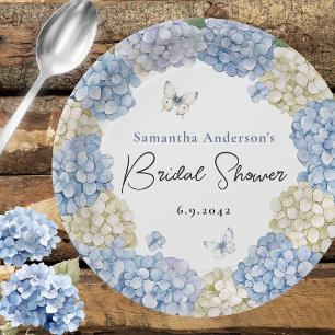 Plato De Papel Despedida de soltera con champán y hortensias azul