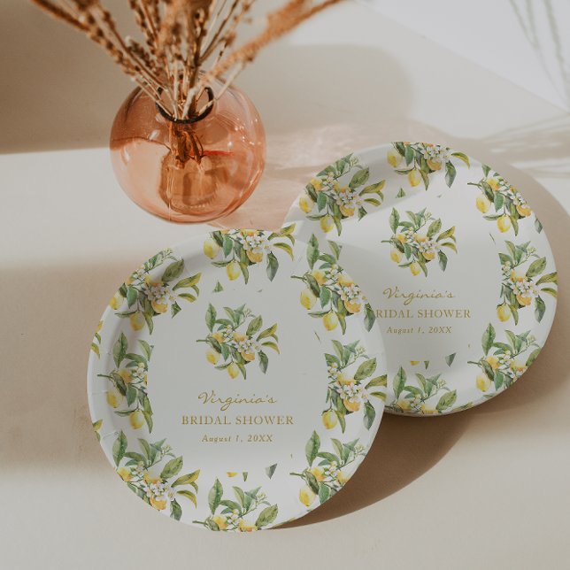 Plato De Papel Despedida de soltera con limón (Lemon Floral Bridal Shower Paper Plates by Painted Paperie
)