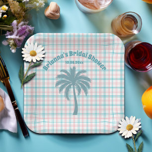 Plato De Papel Despedida de soltera con palmera azul rosa a cuadr