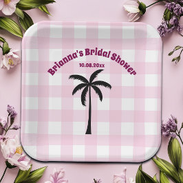 Plato De Papel Despedida de Soltera con palmera de cuadros rosado