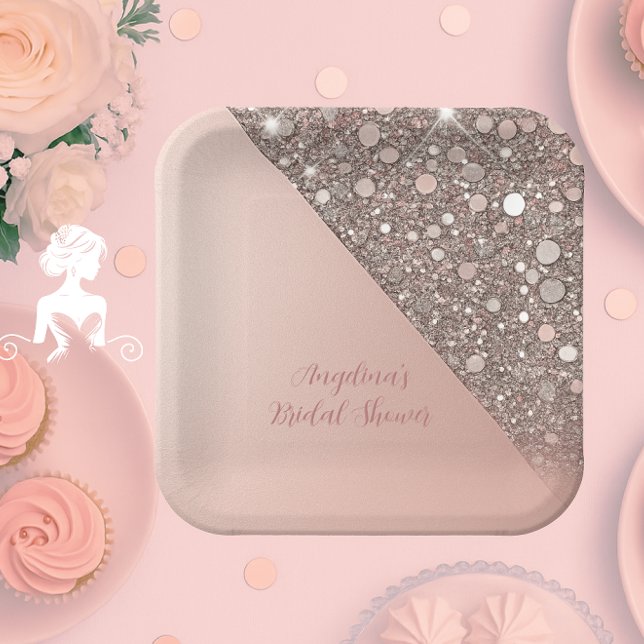 Plato De Papel Despedida de Soltera Elegante en Rosa Dorado (Elegant rose gold bridal shower plate styled for dessert tables, sweet stations, and party displays.)