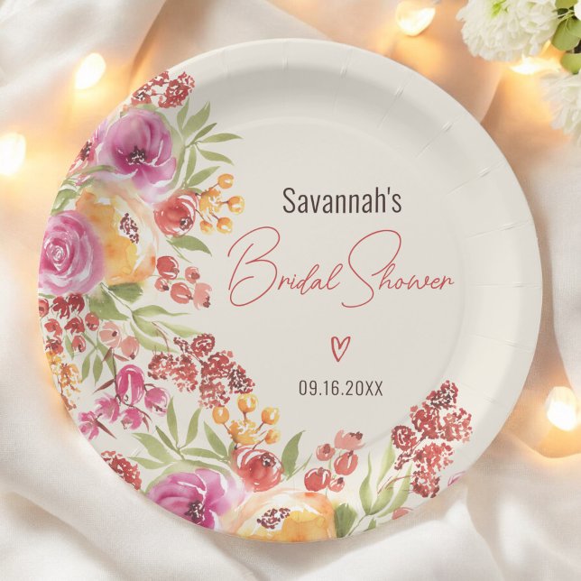 Plato De Papel Despedida de Soltera Floral Boho Pintada a Mano co (Boho Hand-Painted Watercolor Floral Bridal Shower Paper Plates)