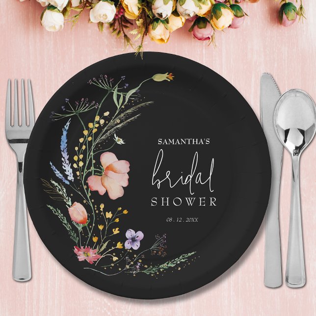 Plato De Papel Despedida de soltera Flores silvestres Negro (Wildflowers on black bridal shower paper plates)