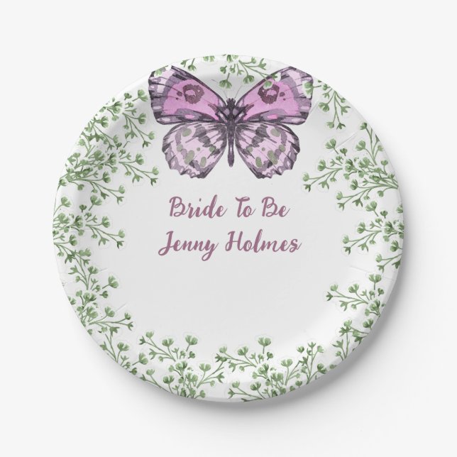 Plato De Papel Despedida de soltera Pink Butterfly Greenery  (Anverso)